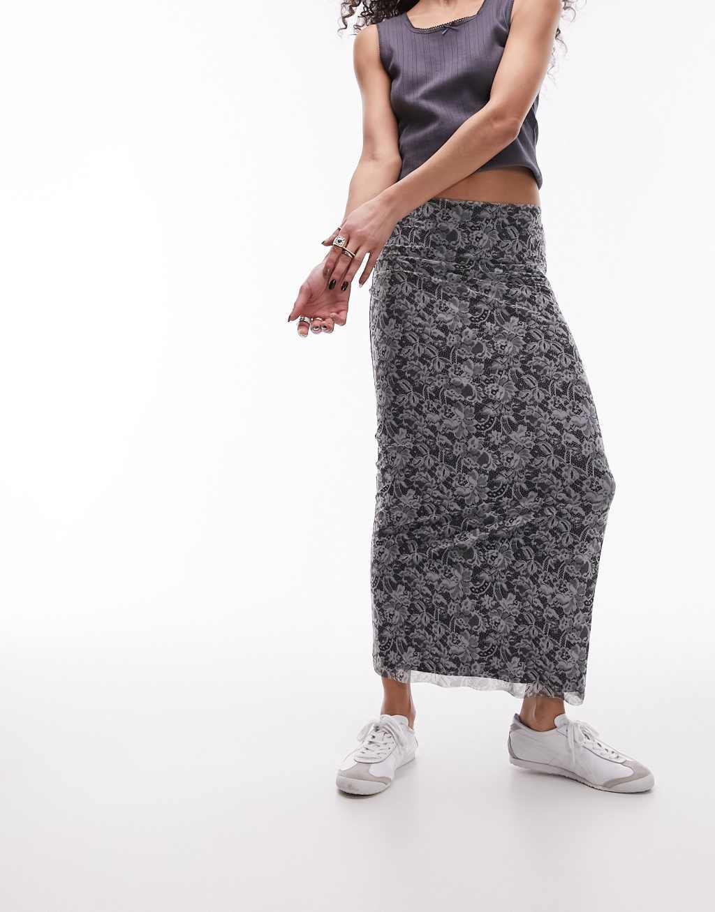 Topshop mesh lace print jersey maxi skirt in mono Product Image