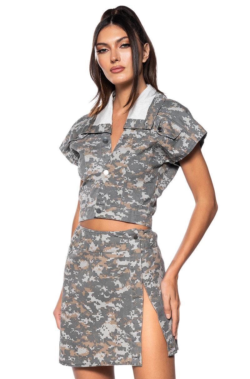 WE RIDE CAMO BUTTON DOWN AND MINI SKIRT SET IN GREY Product Image