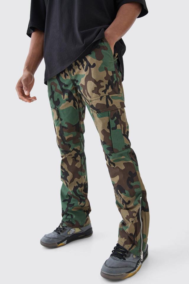 Mens Green Slim Flare Ripstop Camo Cargo Trouser With Zip Gusset, Green Product Image