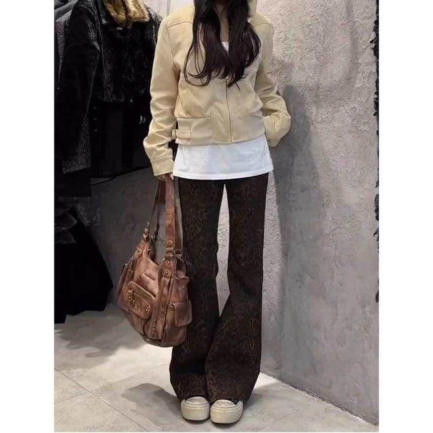 High Waist Leopard Print Flared Jeans Product Image