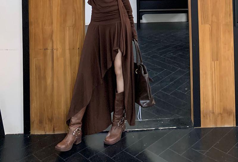 Long-Sleeve One-Shoulder Plain T-Shirt / High Waist Asymmetrical Maxi A-Line Skirt / Scarf / Set Product Image