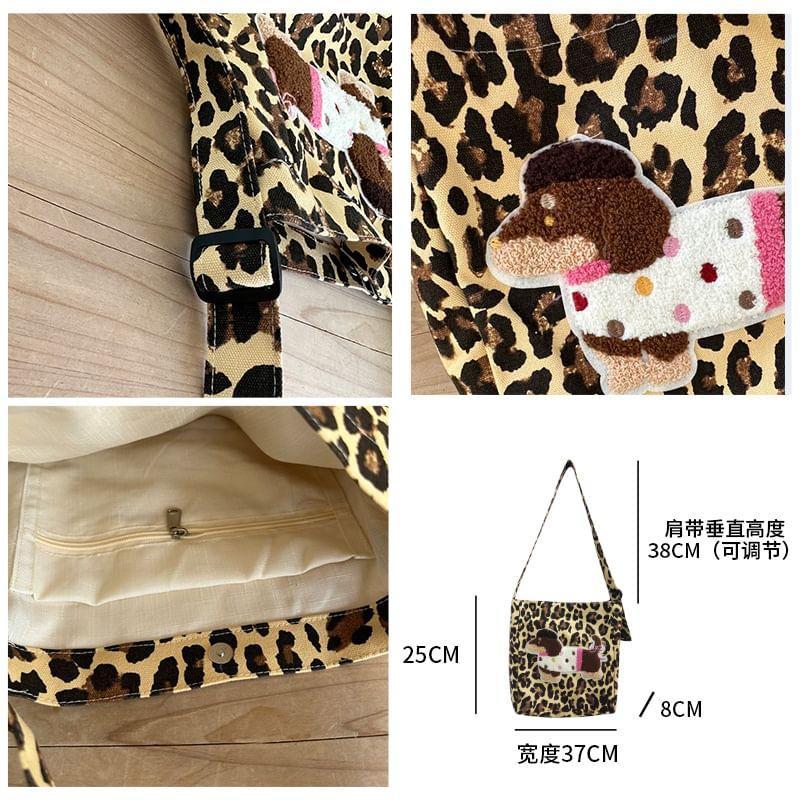 Leopard Print Dog Applique Canvas Crossbody Bag / Makeup Pouch Product Image