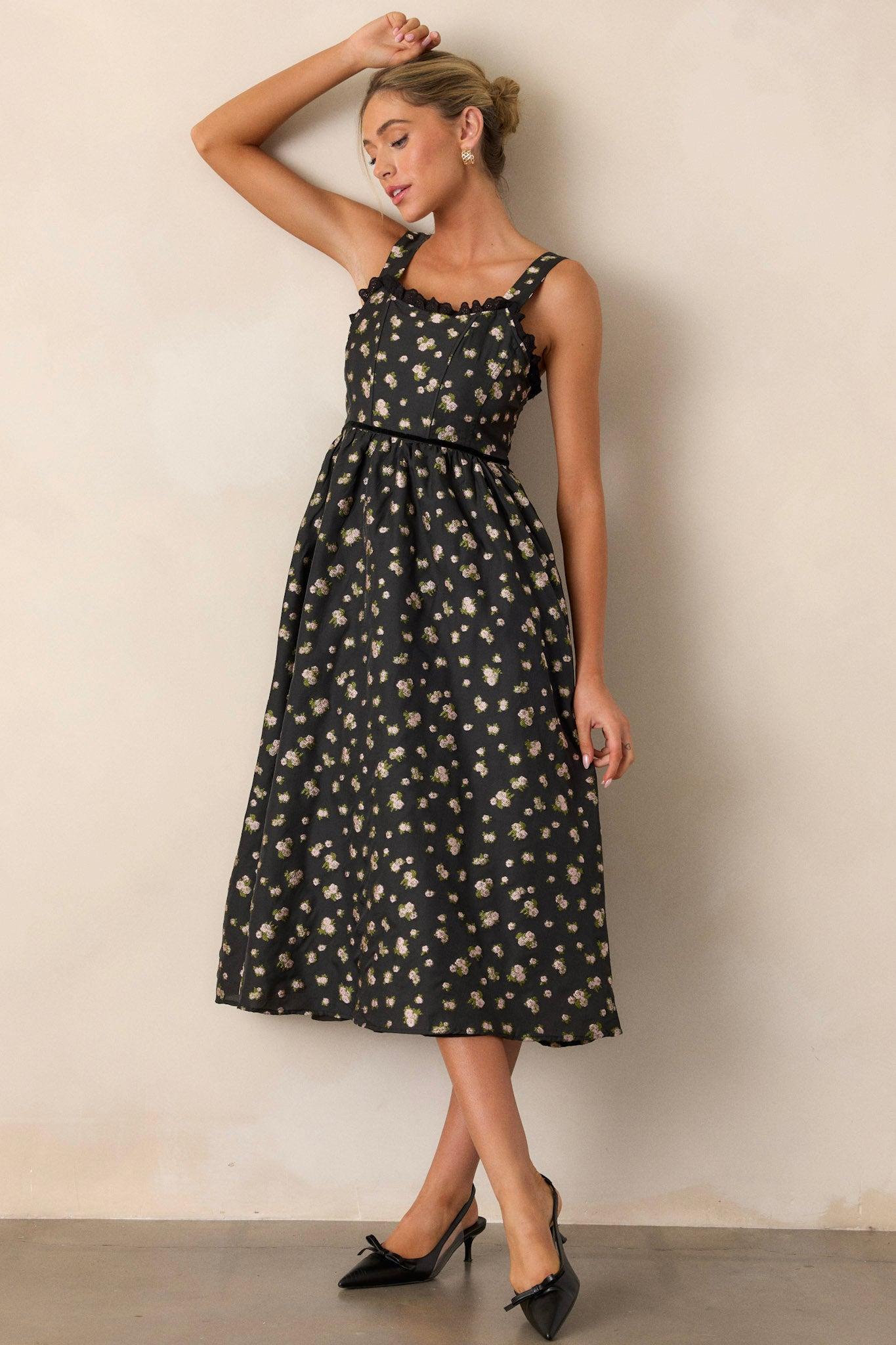 Going Out Again Black Floral Midi Dress Product Image