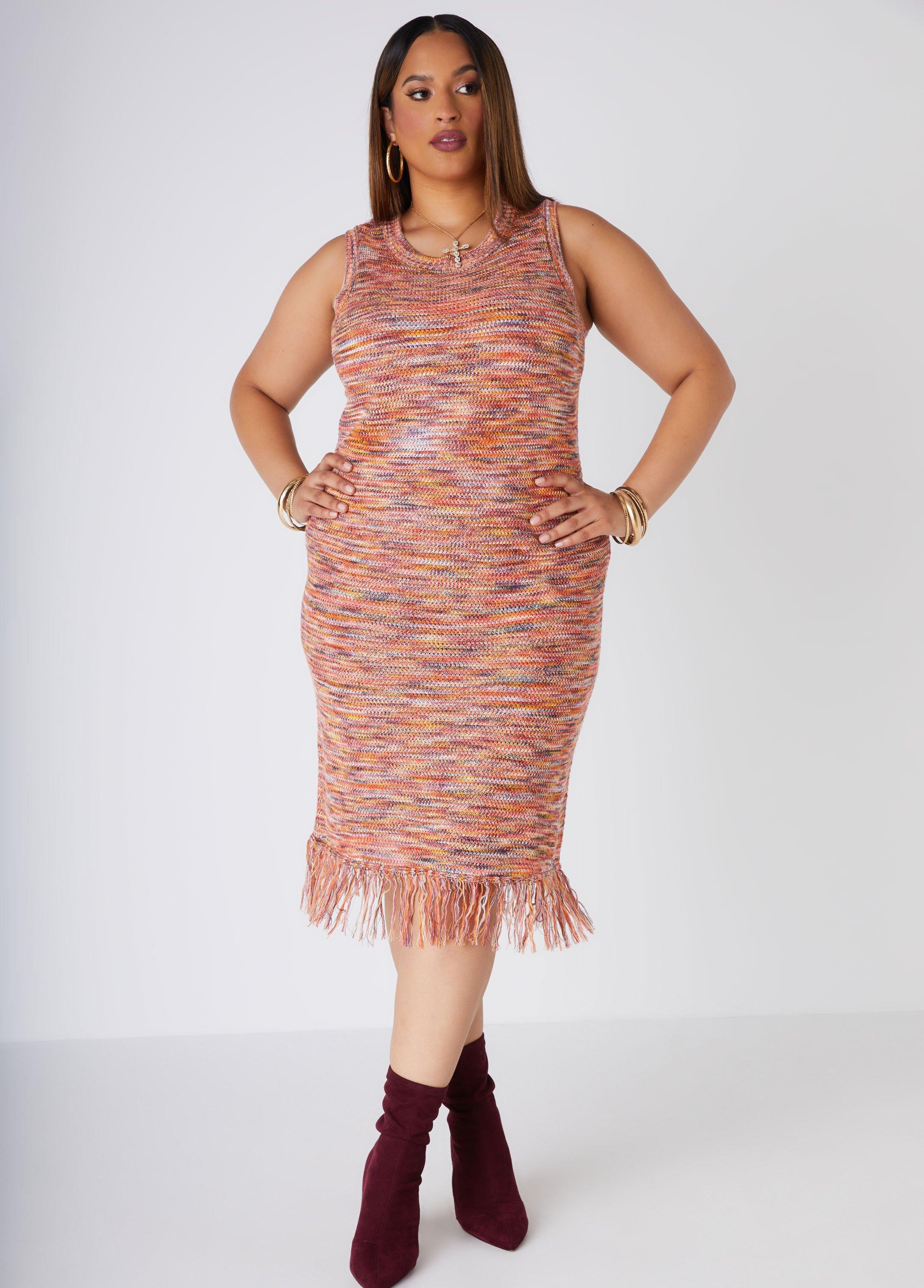 Plus Size Fringed Crochet Sweater Dress Ashley Stewart Product Image