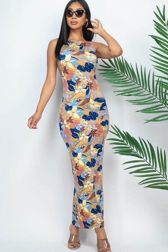 Tropical Print Dress Low Back Long Sleeveless Product Image