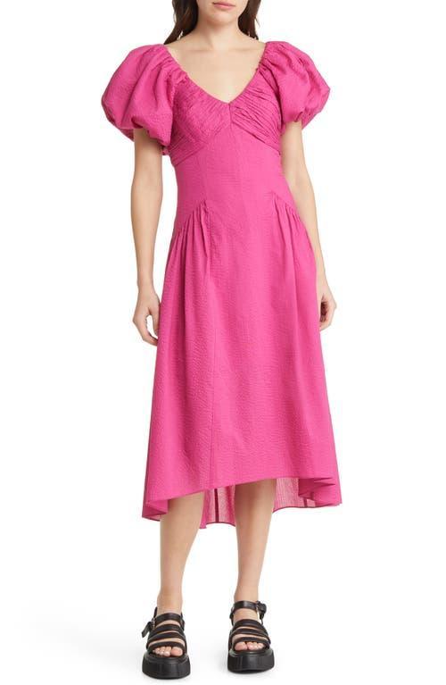Womens Puff-Sleeve Seersucker Midi-Dress Product Image