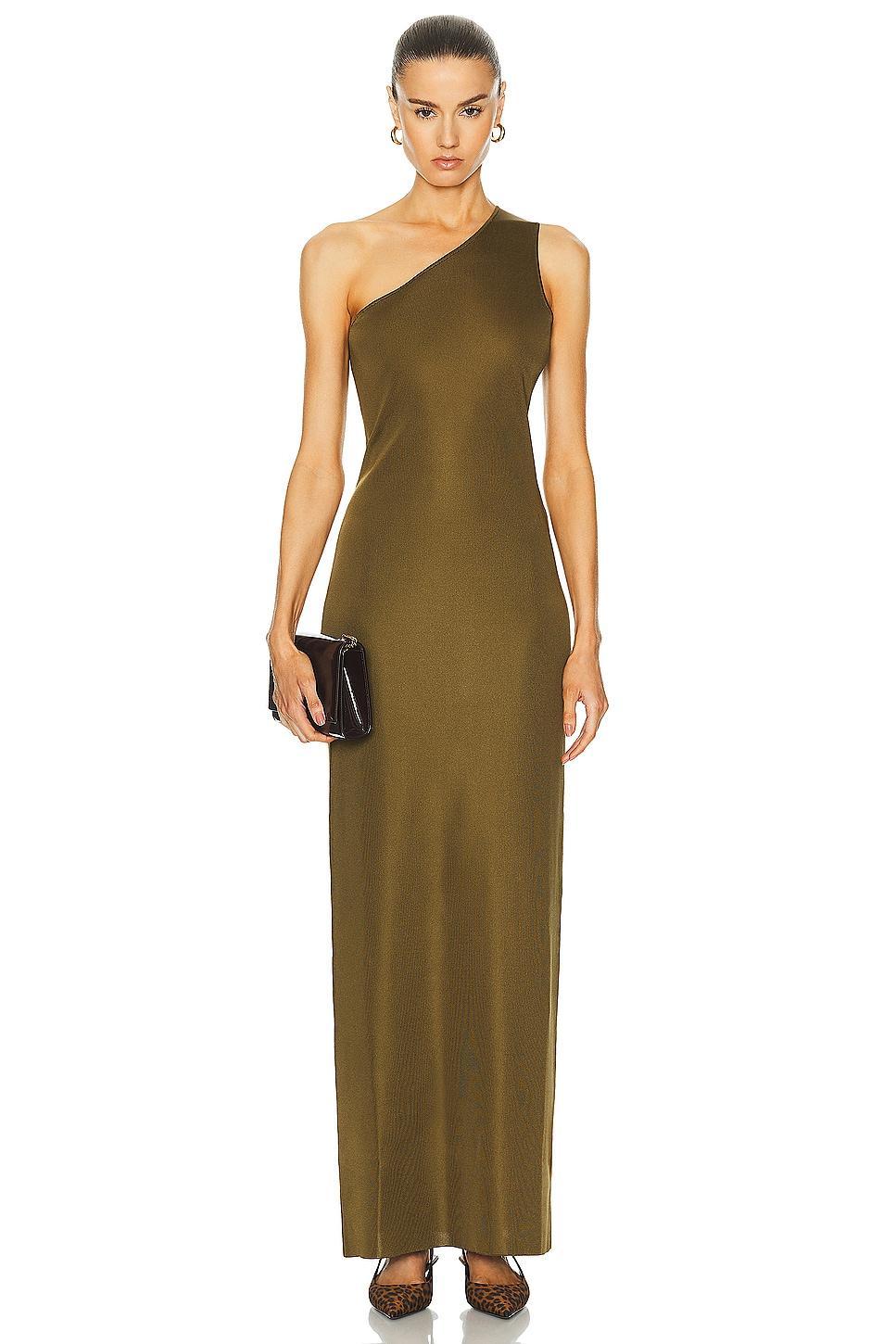 Saint Laurent One Shoulder Maxi Dress in Olive Product Image