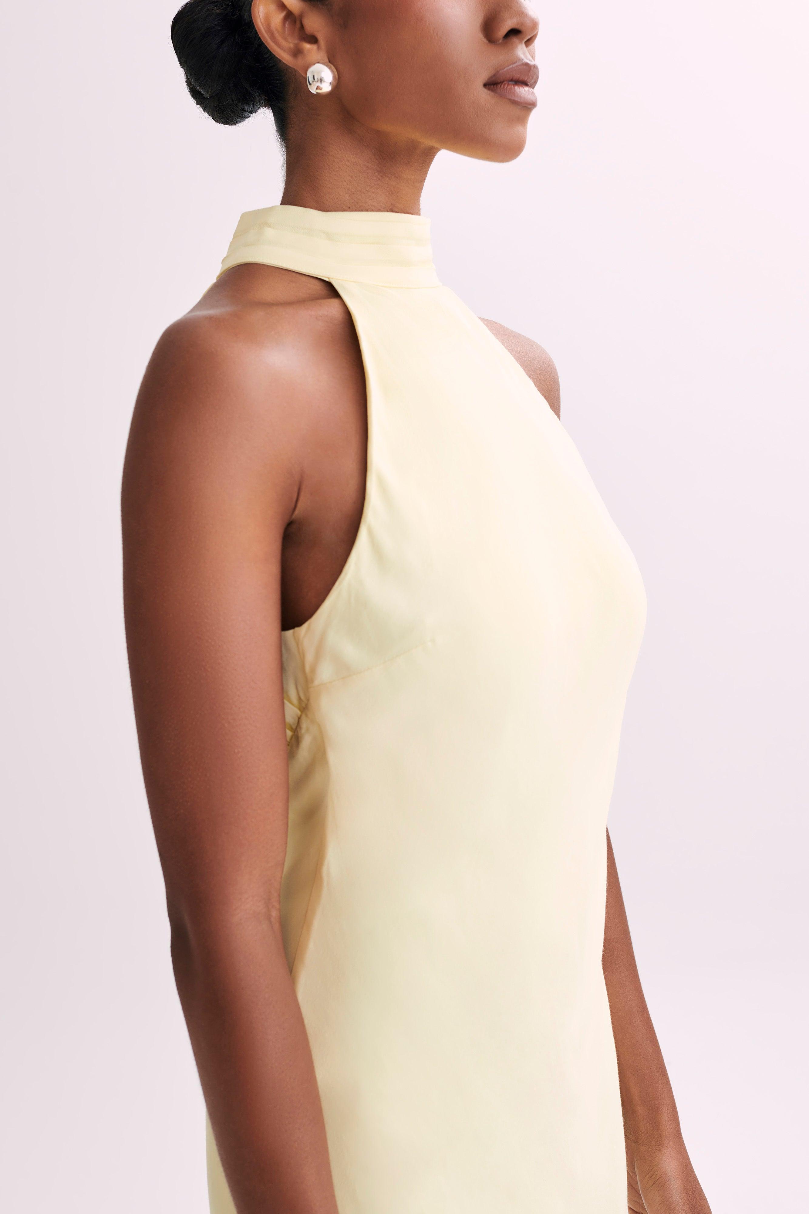 Claire Matte Satin Drape Back Maxi Dress - Light Yellow Product Image