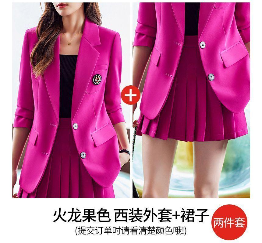 Lapel Collar Plain Single Breasted Blazer / High Rise Plain Slacks / Mini Pleated Skirt / Set Product Image