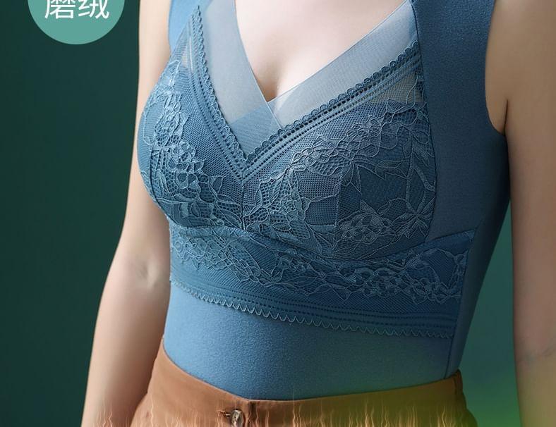 V-Neck Plain Lace Panel Padded Tank Top Product Image