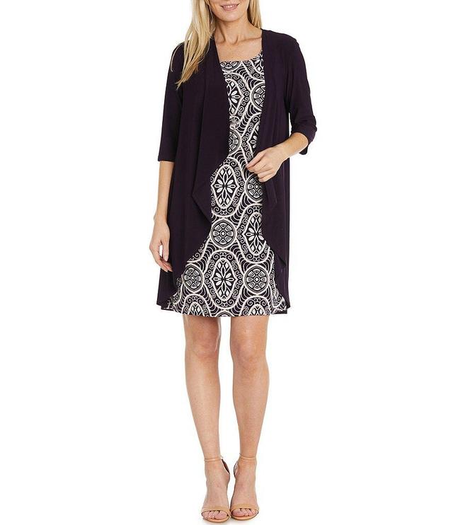 R & M Richards Petite Size 3/4 Sleeve Crew Neck Printed 2-Piece Jacket Dress Product Image