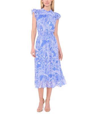 Women's Summer Palm Tree Flutter Sleeve Smocked Waist Midi Dress Product Image