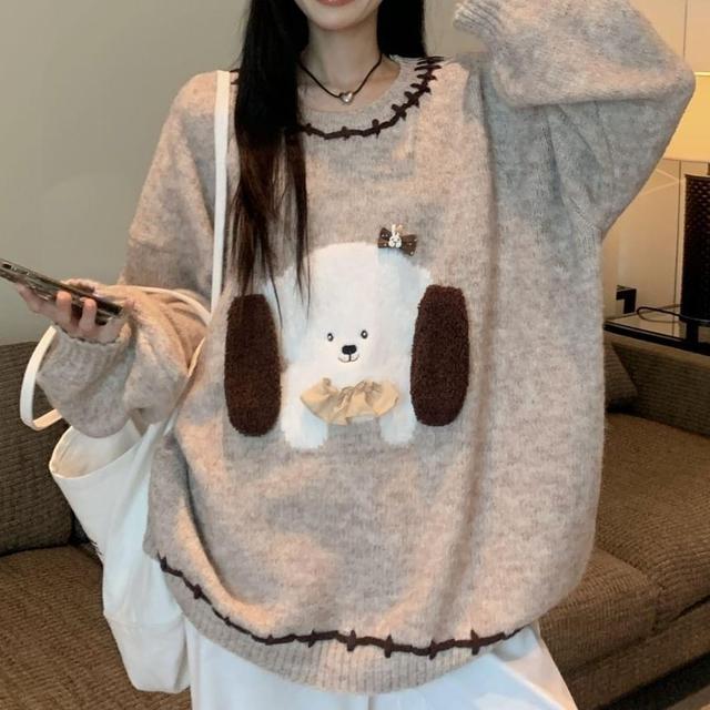 Crew Neck Dog Print Embellished Oversized Sweater Product Image