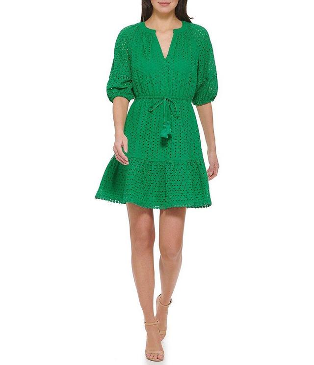 Vince Camuto Eyelet V-Neck Short Balloon Sleeve Tie Front Pocketed Mini A-Line Dress Product Image