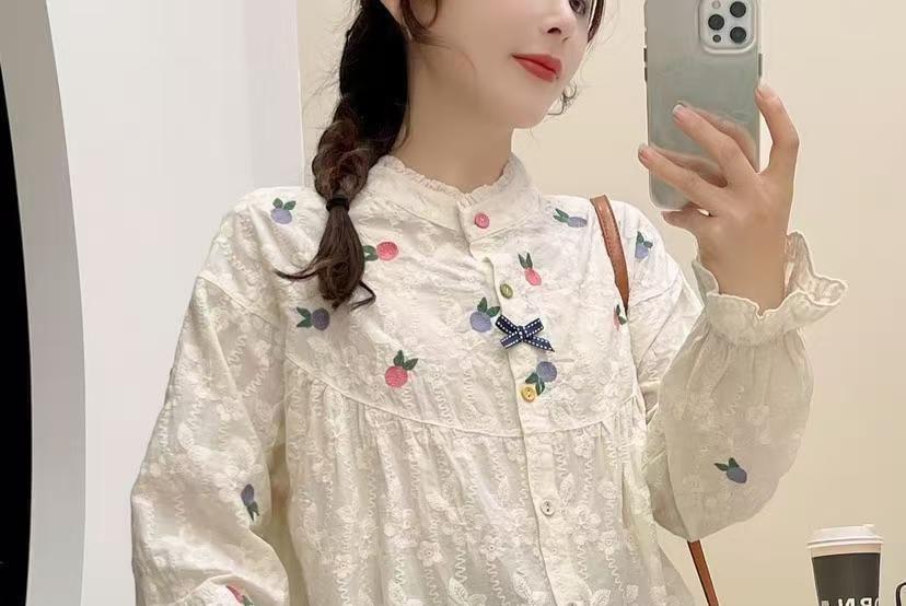 Long Sleeve Band Collar Flower Embroidered Blouse Product Image