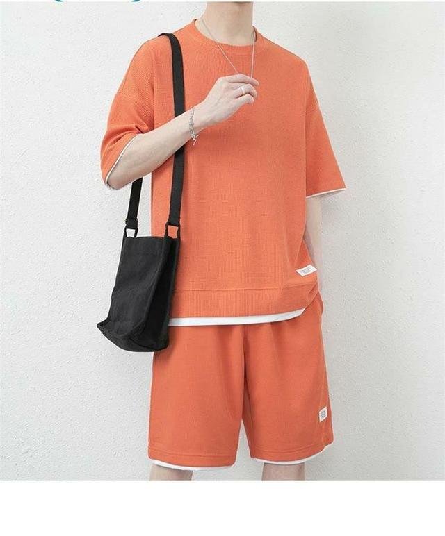 Set: Short-Sleeve Crew Neck Mock Two Piece Waffle T-Shirt + Drawstring Waist Sweat Shorts Product Image