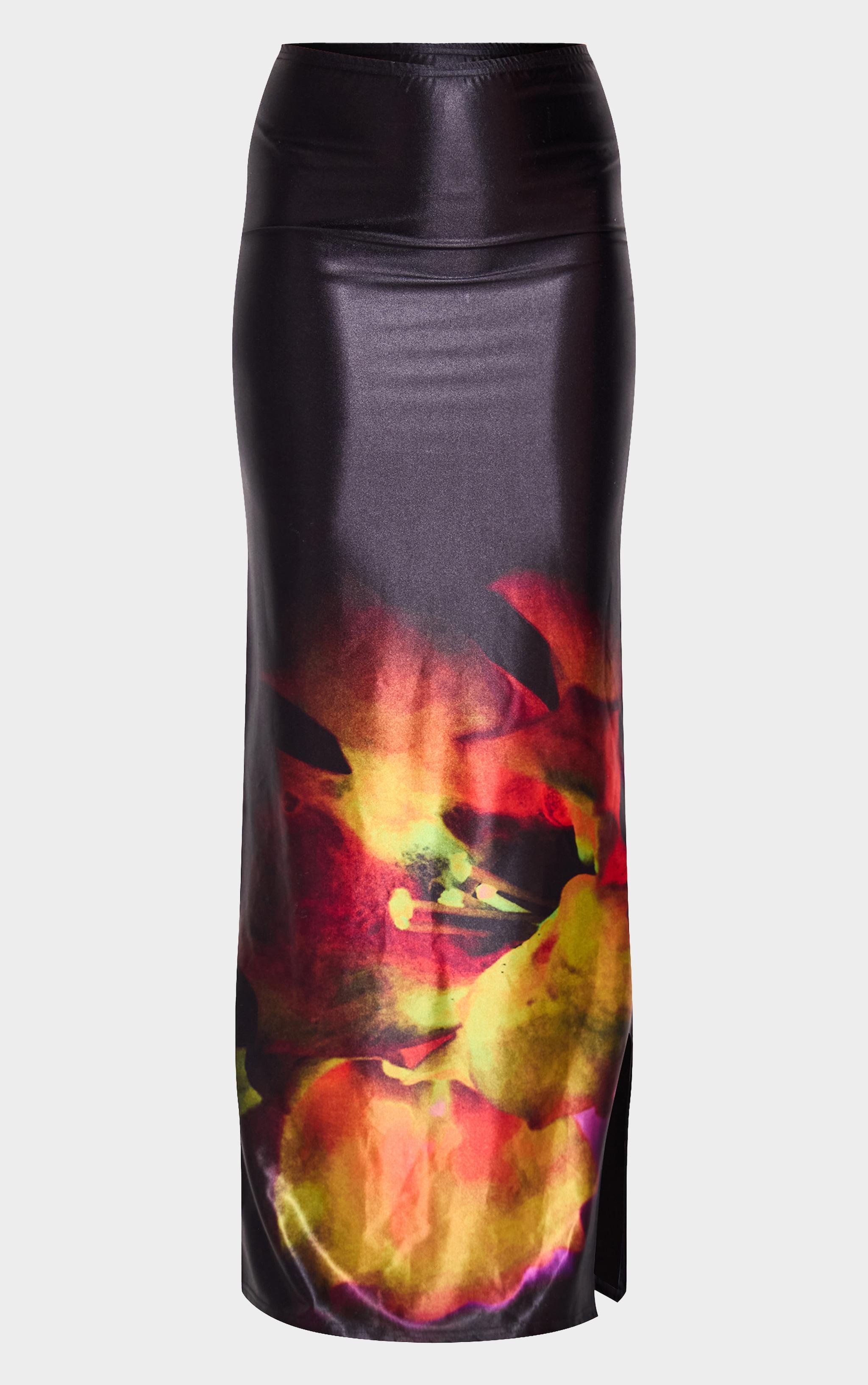 Black Floral Blur Print Stretch Satin Maxi Skirt Product Image