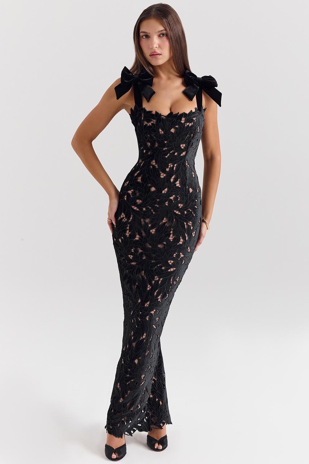 Tiff Black Velvet Lace Maxi Dress Product Image