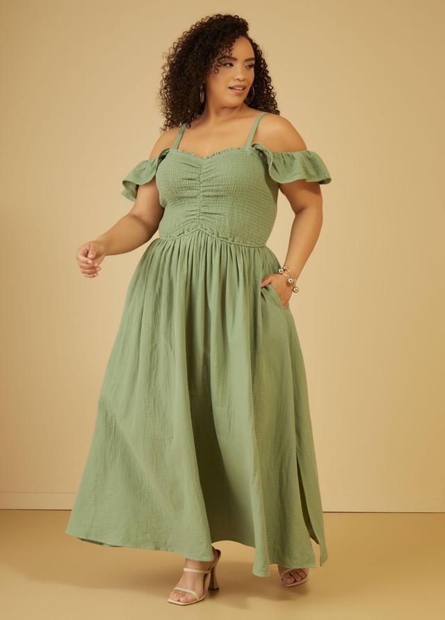 Plus Size Cold Shoulder Cotton Gauze Dress, - Ashley Stewart Product Image