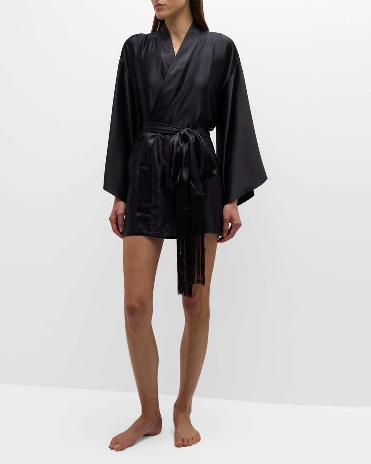 Fringe-Trim Silk Mini Kimono Robe Product Image