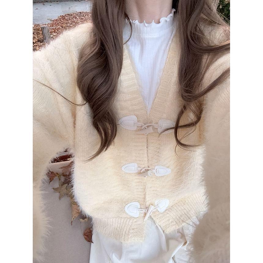 Long Sleeve V-Neck Toggle Button Fluffy Cardigan Product Image