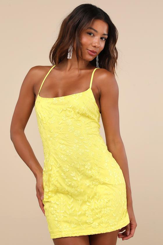 Lively Sweetheart Neon Yellow Embroidered Lace-Up Mini Dress Product Image