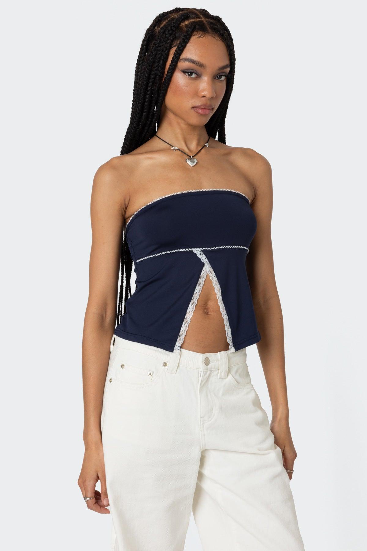 Lace Trim Split Front Tube Top Product Image