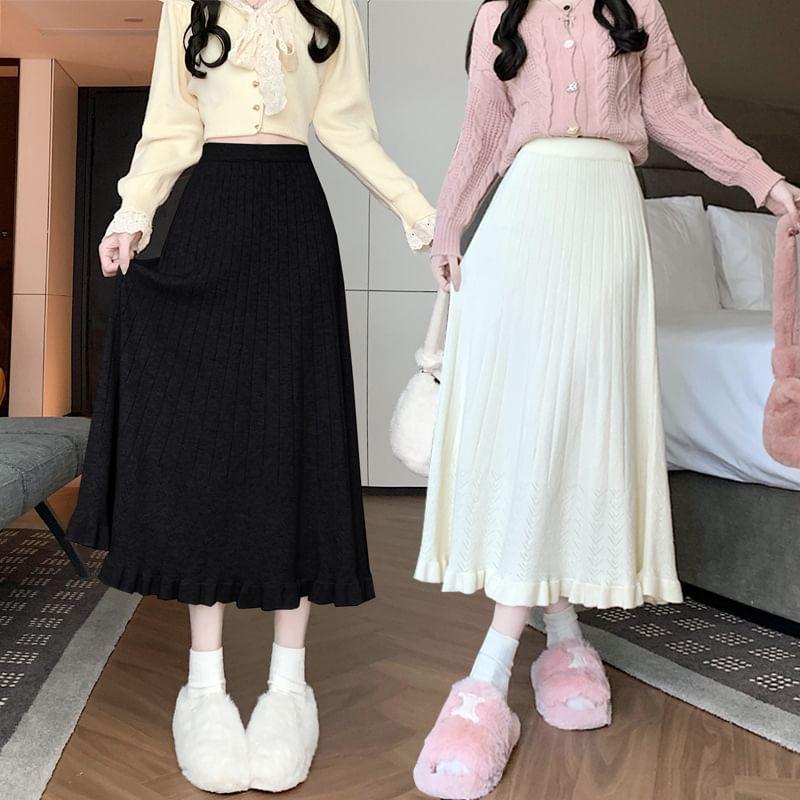 Elastic Waist Plain Ruffle Trim Midi A-Line Knit Skirt Product Image