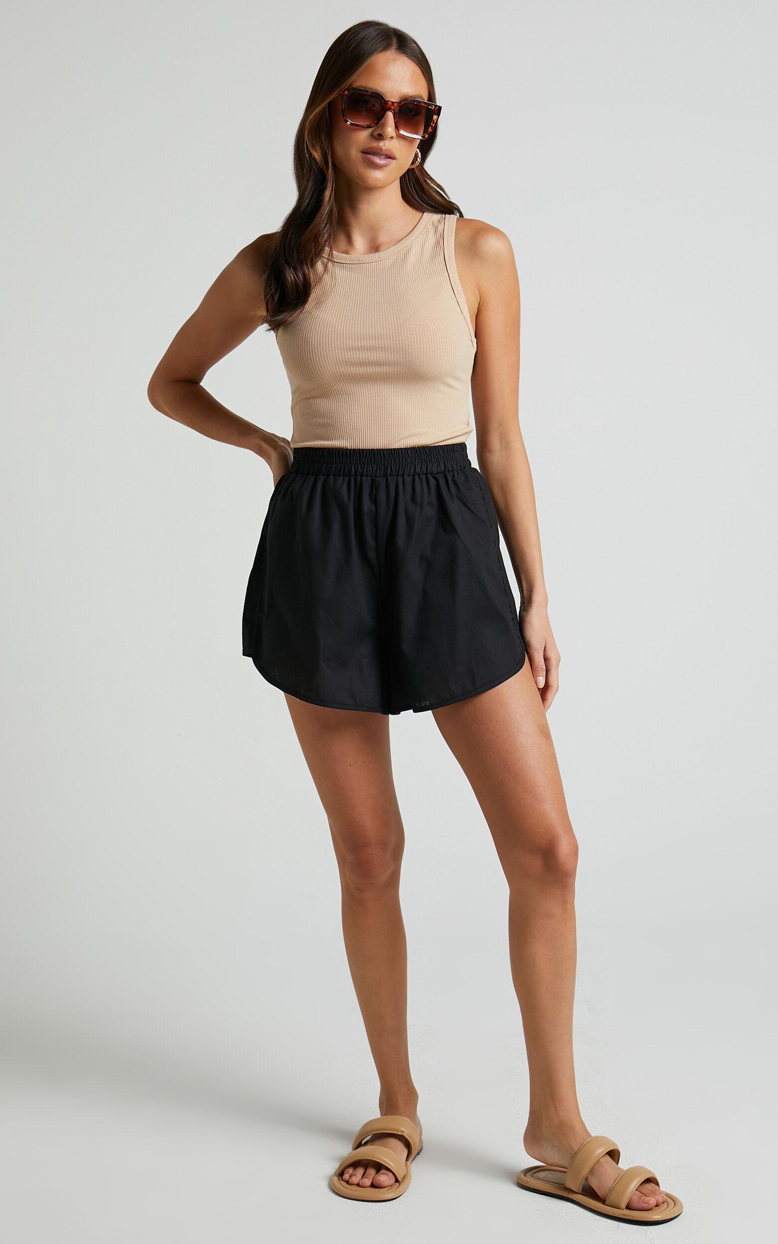 Cartia Short - Linen Look Elasticated Curved Hem Soft Shorts in Black Product Image