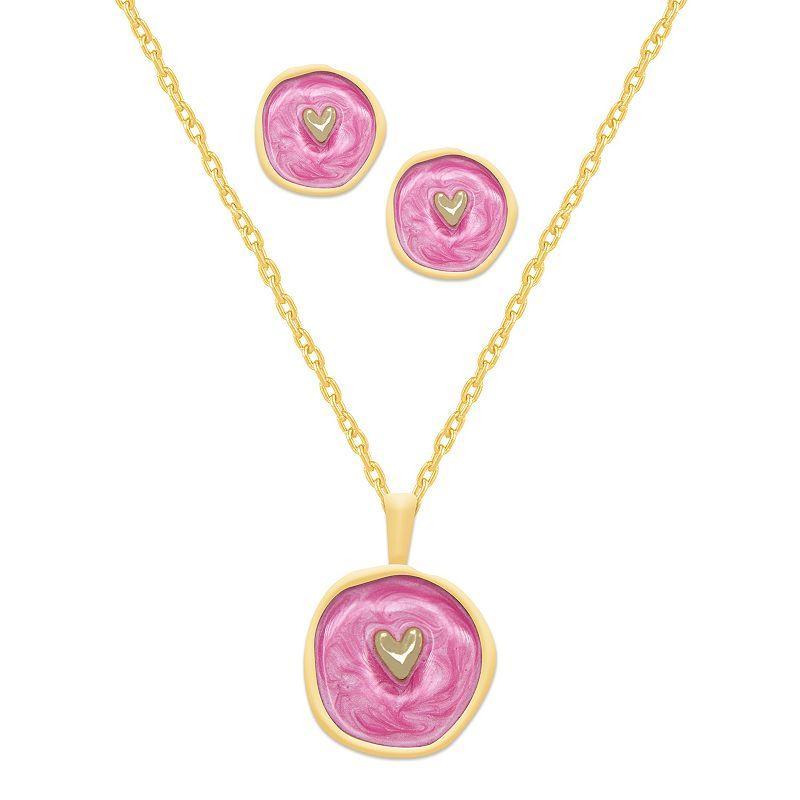 Royal Aura Heart Motif Pink Enamel Coin Pendant & Stud Earring Set, Womens Gold Tone Pink Product Image