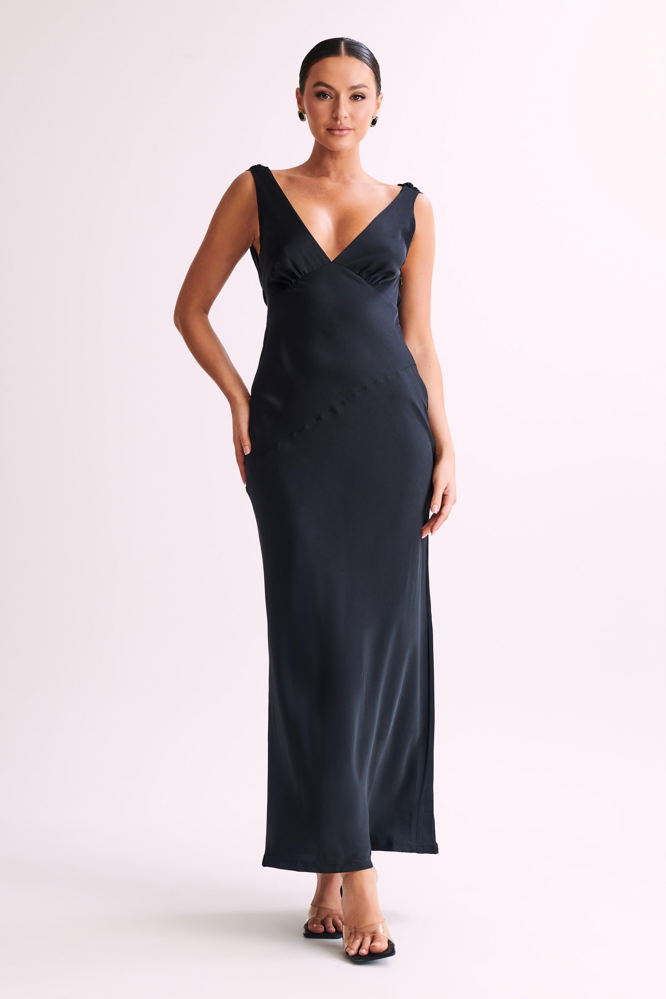 Nadia Maxi Satin Dress With Back Cowl - Black Product Image