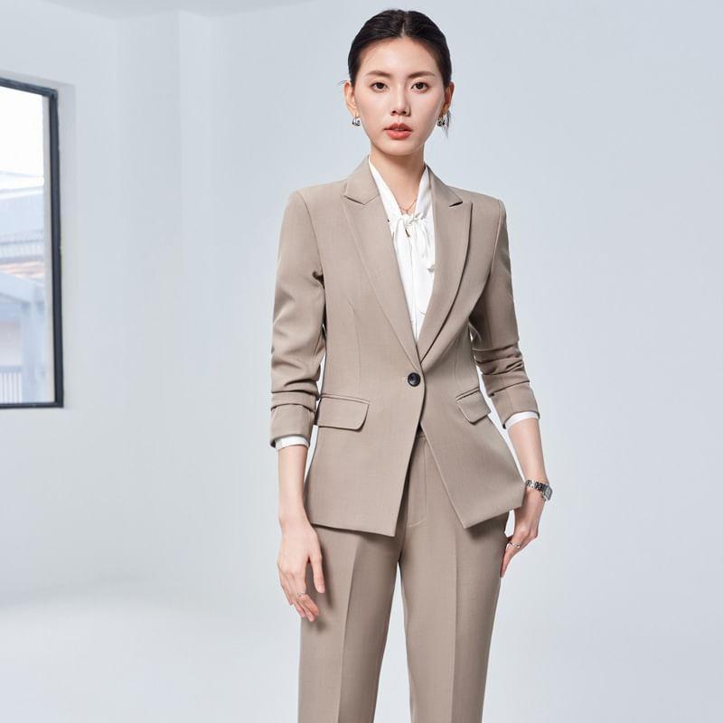 Long-Sleeve Tie-Neck Plain Blouse / Peak Lapel One-Buttoned Blazer / Mid Waist Cropped Straight Leg Suit Pants Product Image