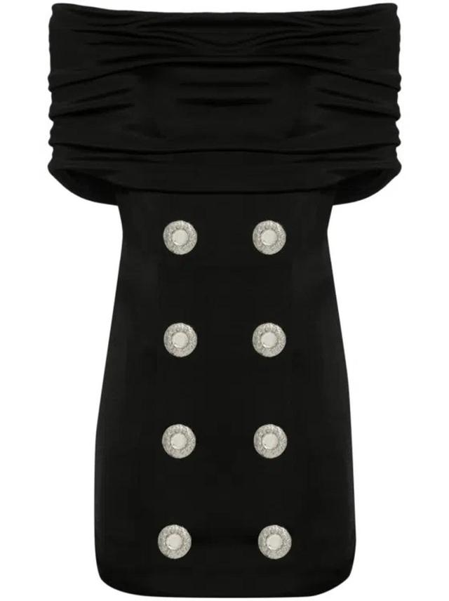 BALMAIN Off-the-shoulder Embellished Ruched Jersey And Cady Mini Dress In Black Product Image