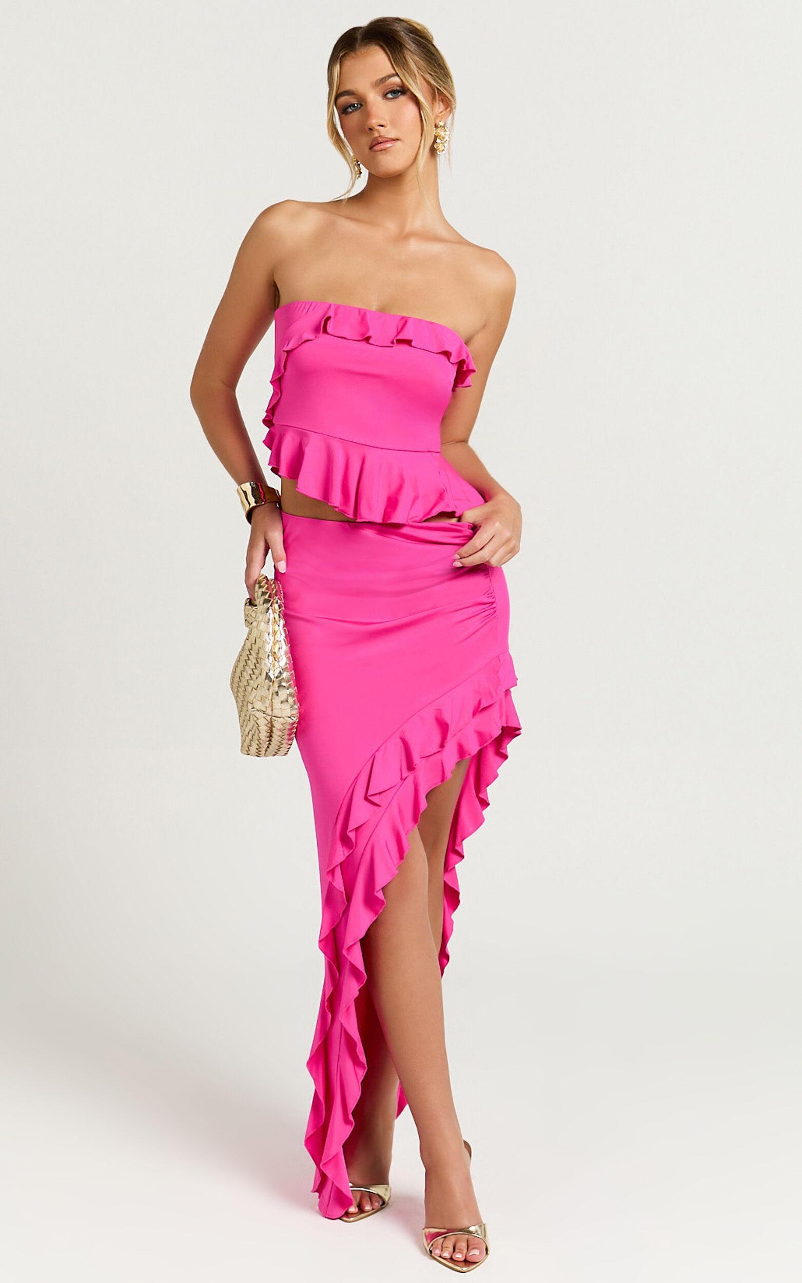 Tess Two Piece Set - Jersey Asymmetric Ruffle Strapless Top And Midi Skirt in Fuchsia Pink Product Image