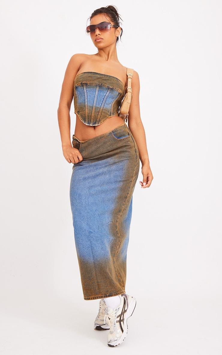  Indigo Blue Wash Overdyed Denim Midi Skirt product image