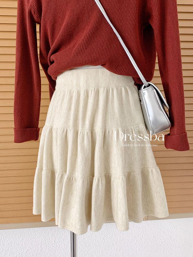 High Waist Plain Tiered Knit Mini A-Line Skirt Product Image