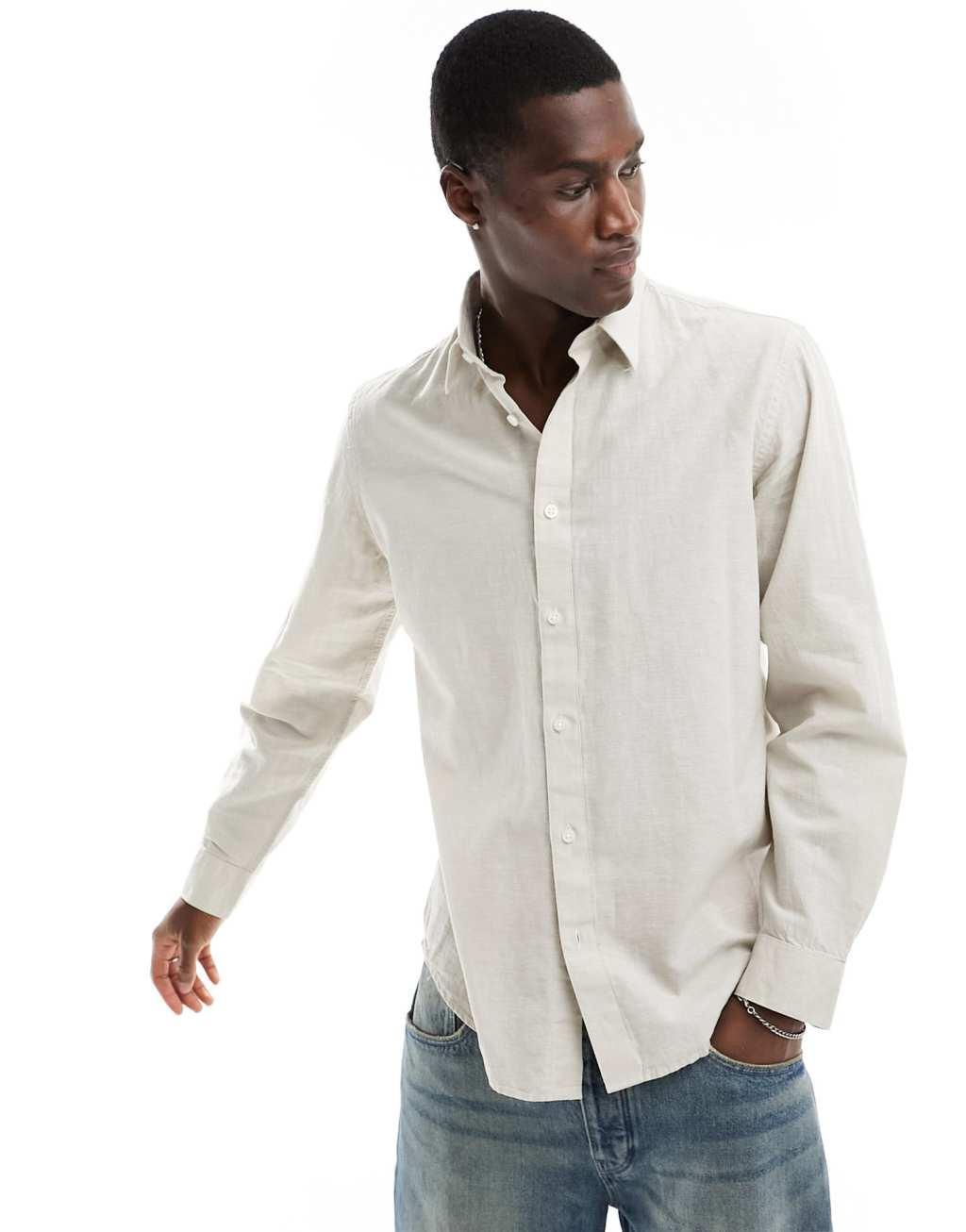 Selected Homme long sleeve linen mix shirt in beige  Product Image