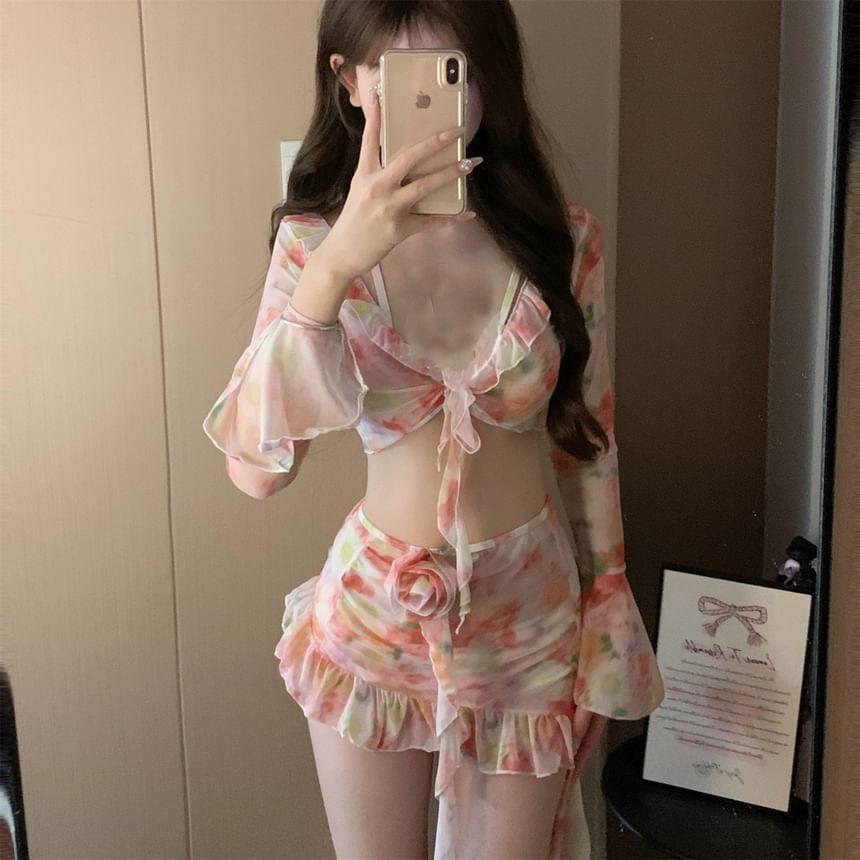 Set: Halter Floral Print Bikini + V-Neck Ruffle Cover Up Jacket + Cover Up Skirt Product Image