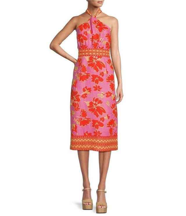 Antonio Melani Naomi Floral Printed Linen Halter Sleeveless A-Line Midi Dress Product Image