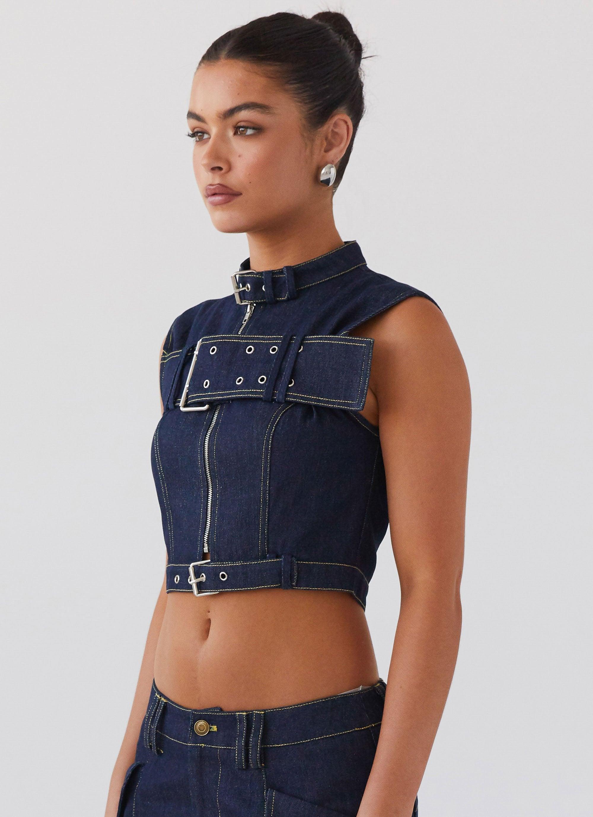 Greedy Denim Buckle Top - Indigo Product Image