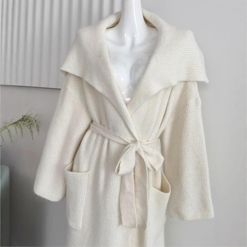 Lapel Collar Sashed Plain Knit Coat product image