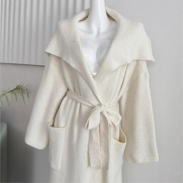 Lapel Collar Sashed Plain Knit Coat Product Image