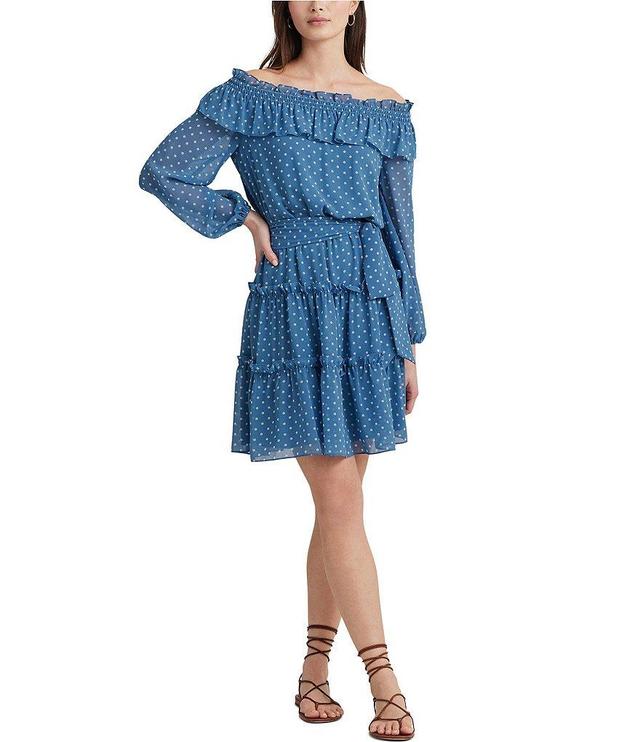 Lauren Ralph Lauren Georgette Polka Dot Off-the-Shoulder Long Sleeve Tiered Dress Product Image