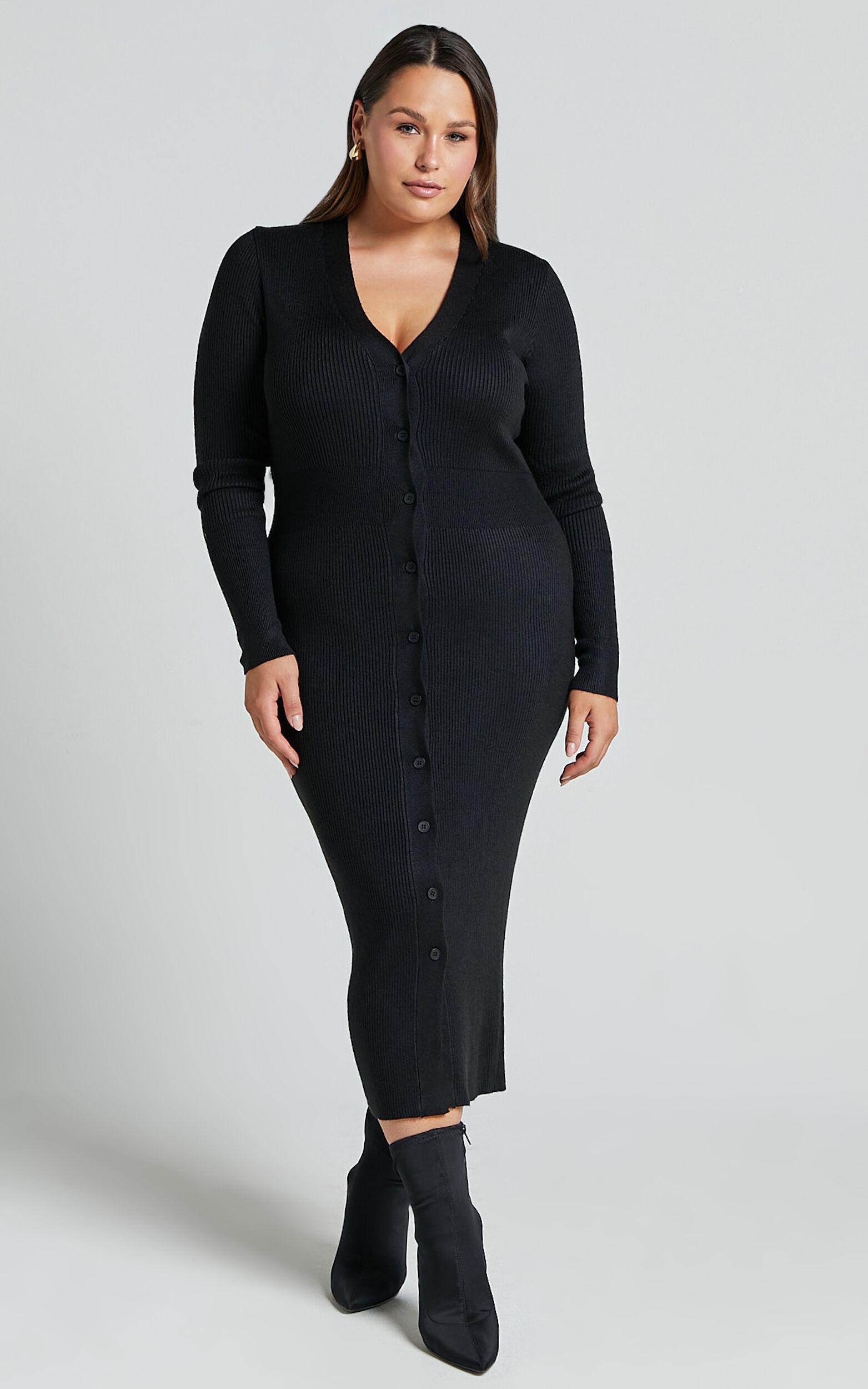 Leahanna Midi Dress - Button Front Knit Dress in Black Product Image