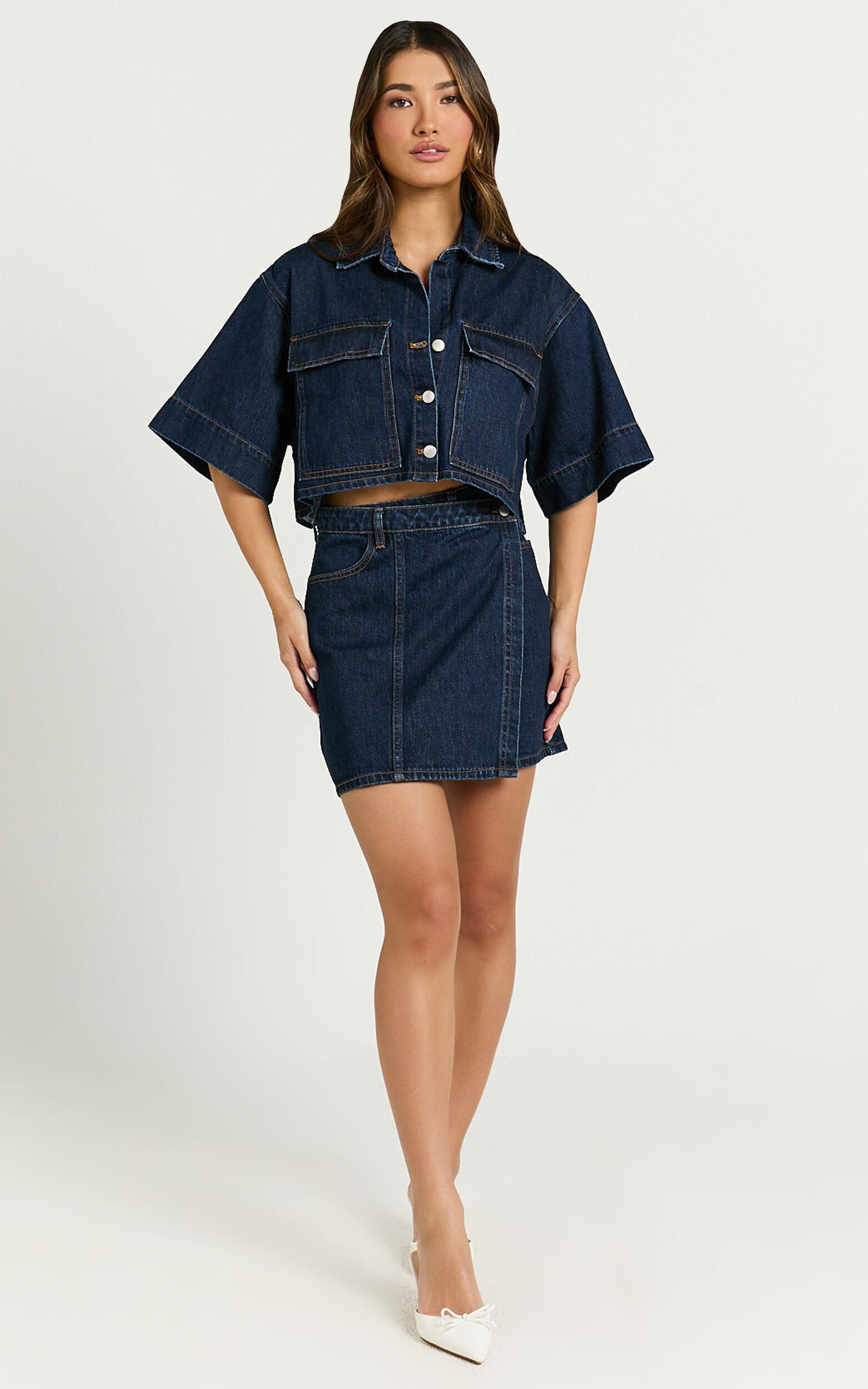 Katherine Top - Crop Button Down Collared Recycled Denim Short Sleeve Top in Dark Blue Wash Product Image