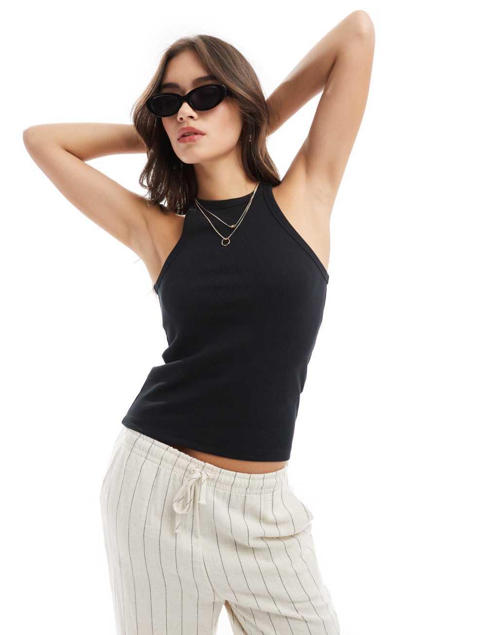 Vero Moda ribbed racer neck tank top in black Product Image