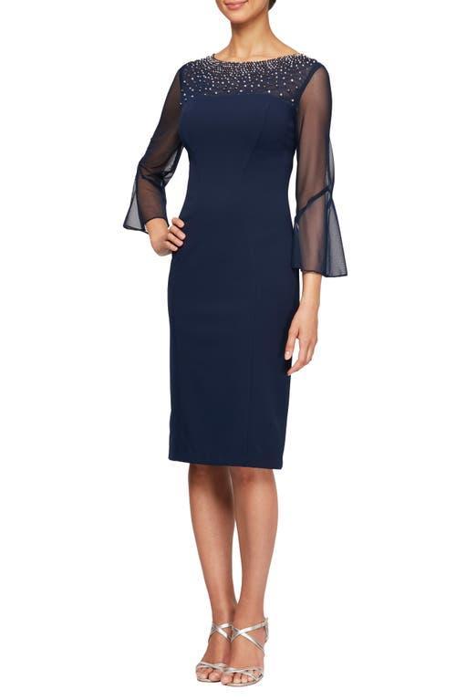 Alex Evenings Stretch Crepe Beaded Illusion Round Neck 34 Bell Sleeve Sheath Dress Product Image