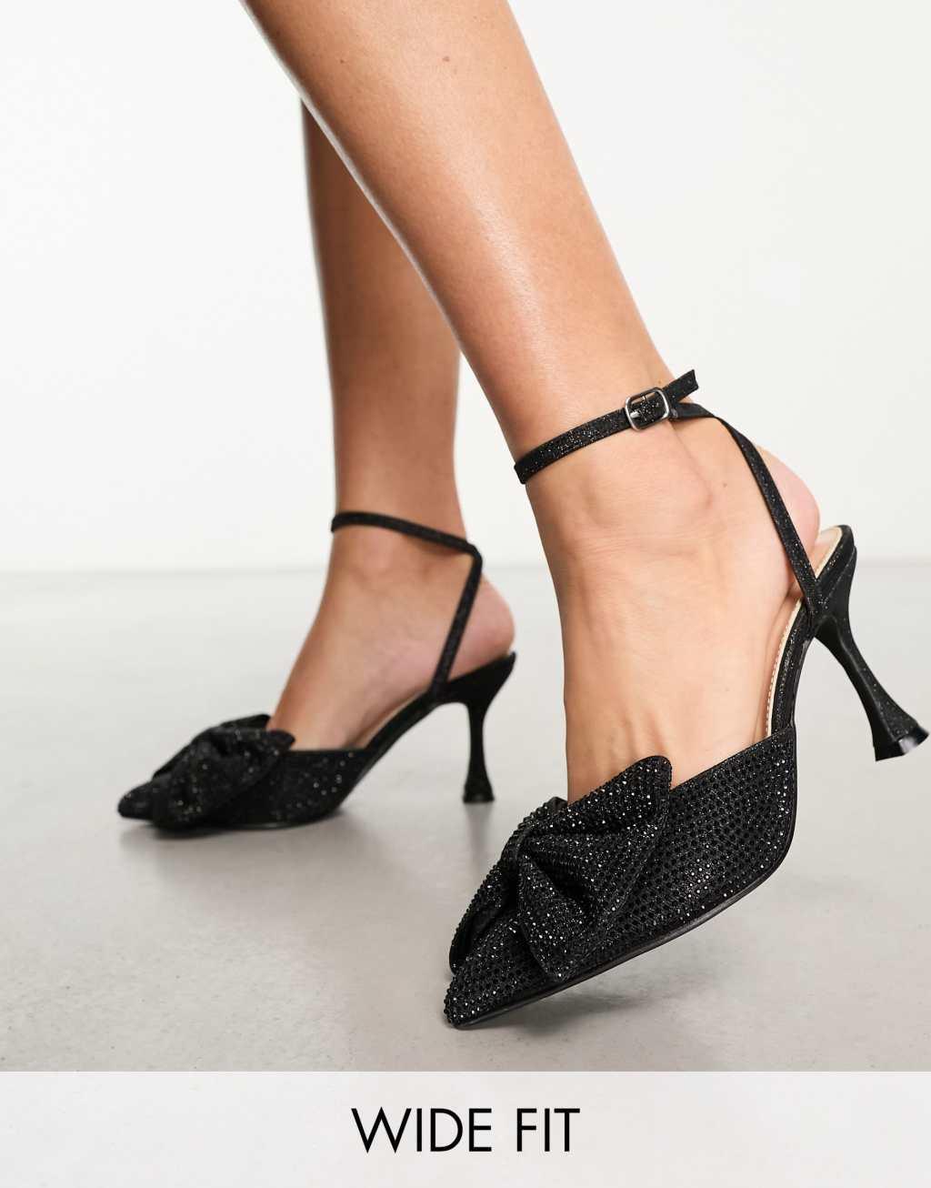 Glamorous Wide Fit embellished bow heeled sandals in black Product Image