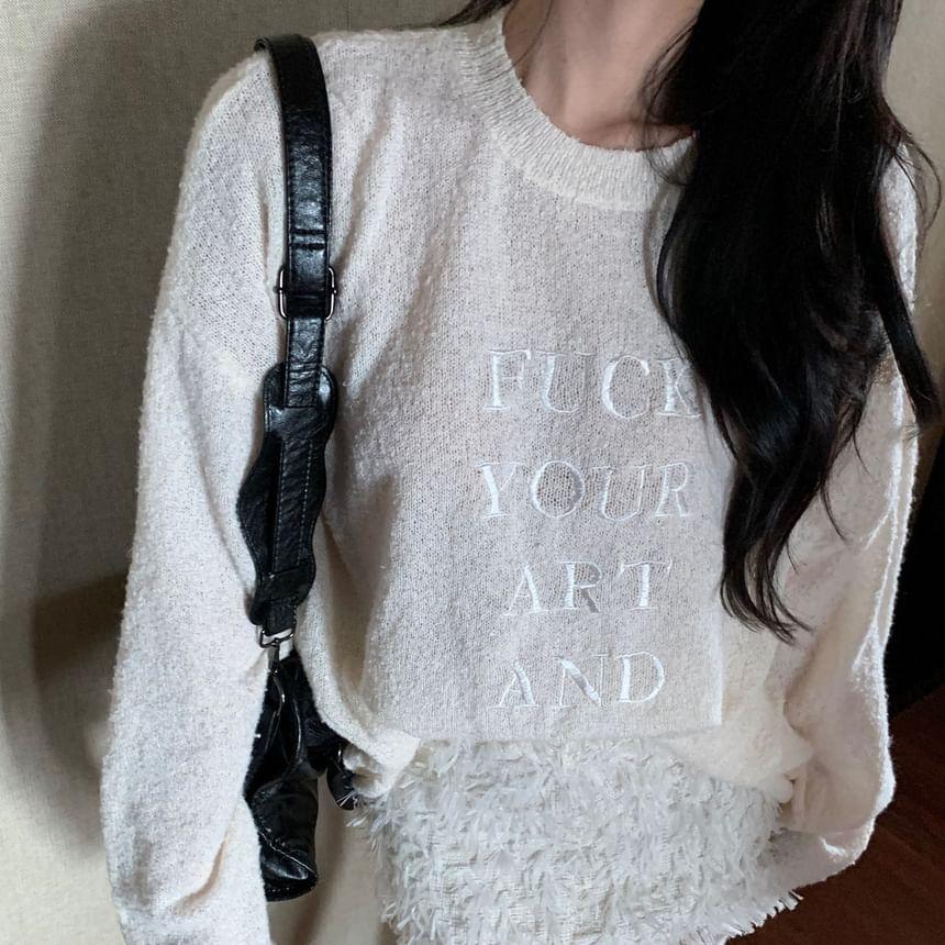 Long-Sleeve Crew Neck Lettering Embroidered Sheer Top Product Image