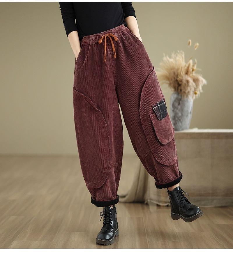 Drawstring Waist Plaid Panel Corduroy Cropped Baggy Pants Product Image